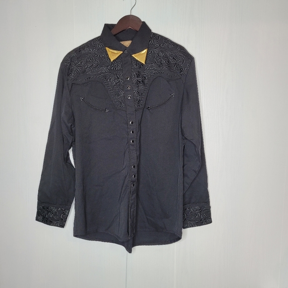 VTG Scully Men Western Snaps Button Shirt Size Medium Black Embroidered Floral - Picture 11 of 16